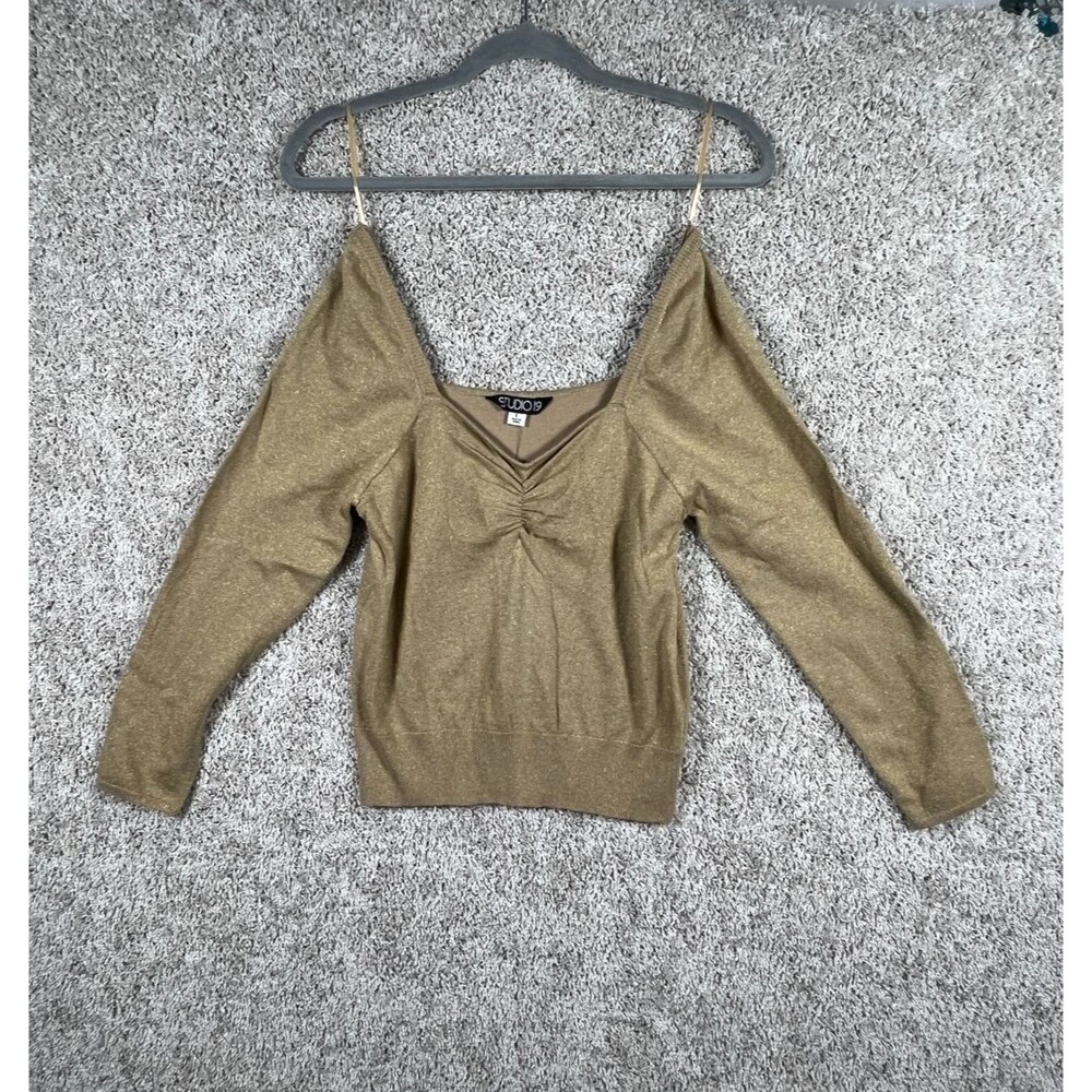 Studio 19 Gold Metallic Off Shoulder Top Womens Long Sleeve Party Blouse Size L